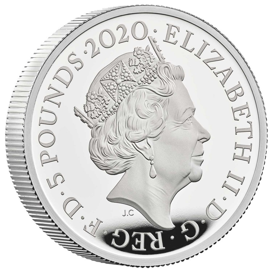 2020年 英国 イギリス ロイヤルミント スリーグレイセス 5ポンド 2オンス プルーフ 銀貨 NGC PF70 ULTRA CAMEO First Releases 女王ラベル_画像9