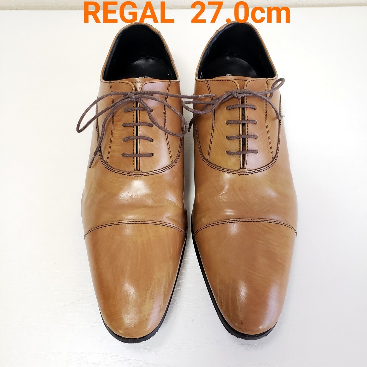 美品◆REGAL リーガル 011R ストレートチップ 牛革レザーシューズ ビジネスシューズ ロングノーズ 革靴(27.0)茶/ライトブラウン