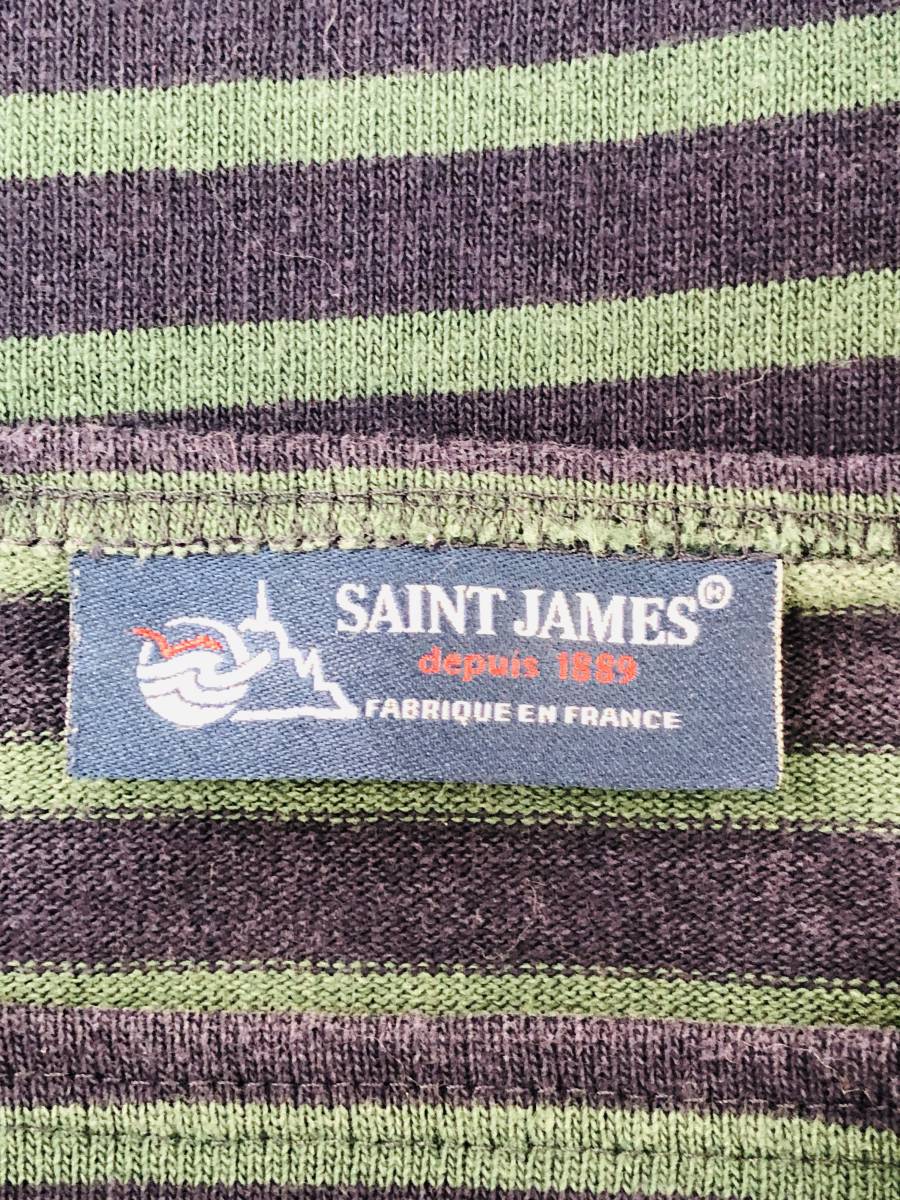 z714 美品 SAINT JAMES セントジェームス ロングTシャツ コットン100％ フランス製 シンプル カジュアル 32(USA) ネイビー 緑 ボーダー_画像7