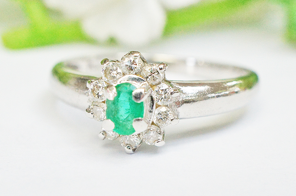 Pt900 emerald & diamond 0.20ct ring size [13] 2.90g [ platinum ][ jewelry ][ dia ][ ring ][ free shipping ]