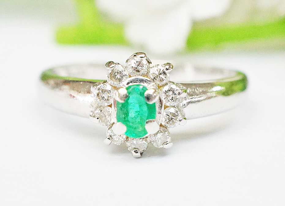 Pt900 emerald & diamond 0.20ct ring size [13] 2.90g [ platinum ][ jewelry ][ dia ][ ring ][ free shipping ]