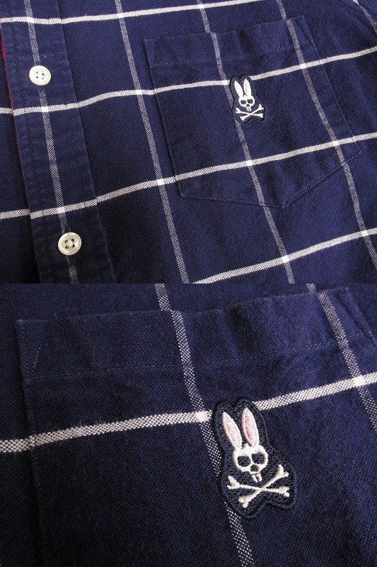 k5873：日本製！サイコバニーPsycho Bunny×フェアファックスFAIRFAX社製生地！チェック柄ネルシャツ M 長袖シャツ 紺白 ゴルフウェア：5の画像6