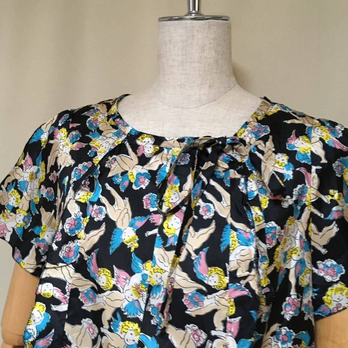 [ прекрасный товар ]SONIA RYKIEL Sonia Rykiel Angel принт короткий рукав тянуть over блуза 38/M размер черный женский tops сделано в Японии 