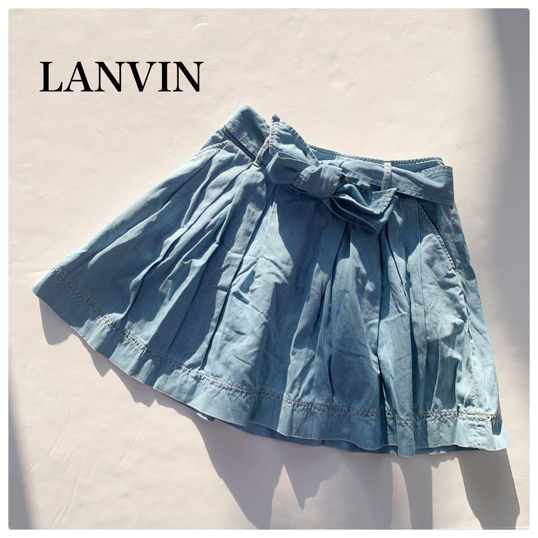 LANVIN ランバン オン ブルー レディース ミニデニムスカート プリーツスカート ライトブルー 38 M相当 青 コットン100_画像1