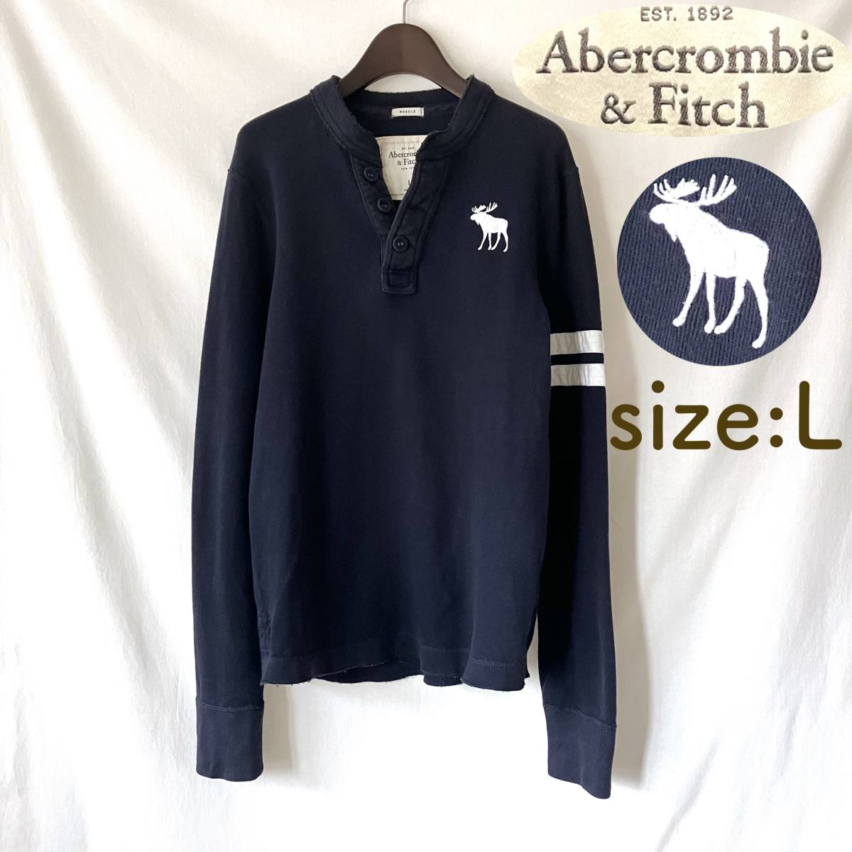 ■ Abercrombie & Fitch アバクロンビー&フィッチ ■ ヘンリーネック ■ カットソー ■ ネイビー ■ A&F ■ L ■ ロゴ刺繍 ■ 185/104Y ■/_画像1