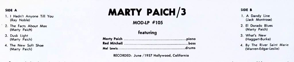 マーティ・ペイチ/ピアノ・トリオ/レッド・ミッチェル/メル・ルイス/PIANO TRIO/モード/MODE LP 105/西海岸ジャズ・ピアノ・トリオ/1957年の画像4