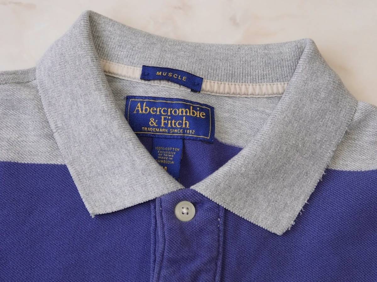 ☆送料無料☆ Abercrombie＆Fitch アバクロンビー&フィッチ アバクロ 古着 長袖 ムースロゴ ボーダー ポロシャツ メンズ M パープル 中古_画像4