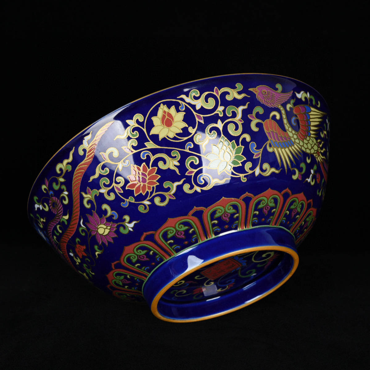 館蔵珍品明成化年製款古陶瓷品藍釉五彩描金雙鳳紋供碗』置物賞物貴重