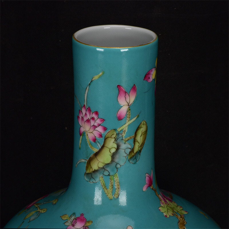 館蔵珍品清乾隆年製款古陶瓷品綠釉花卉紋描金天球瓶』置物賞物貴重物品