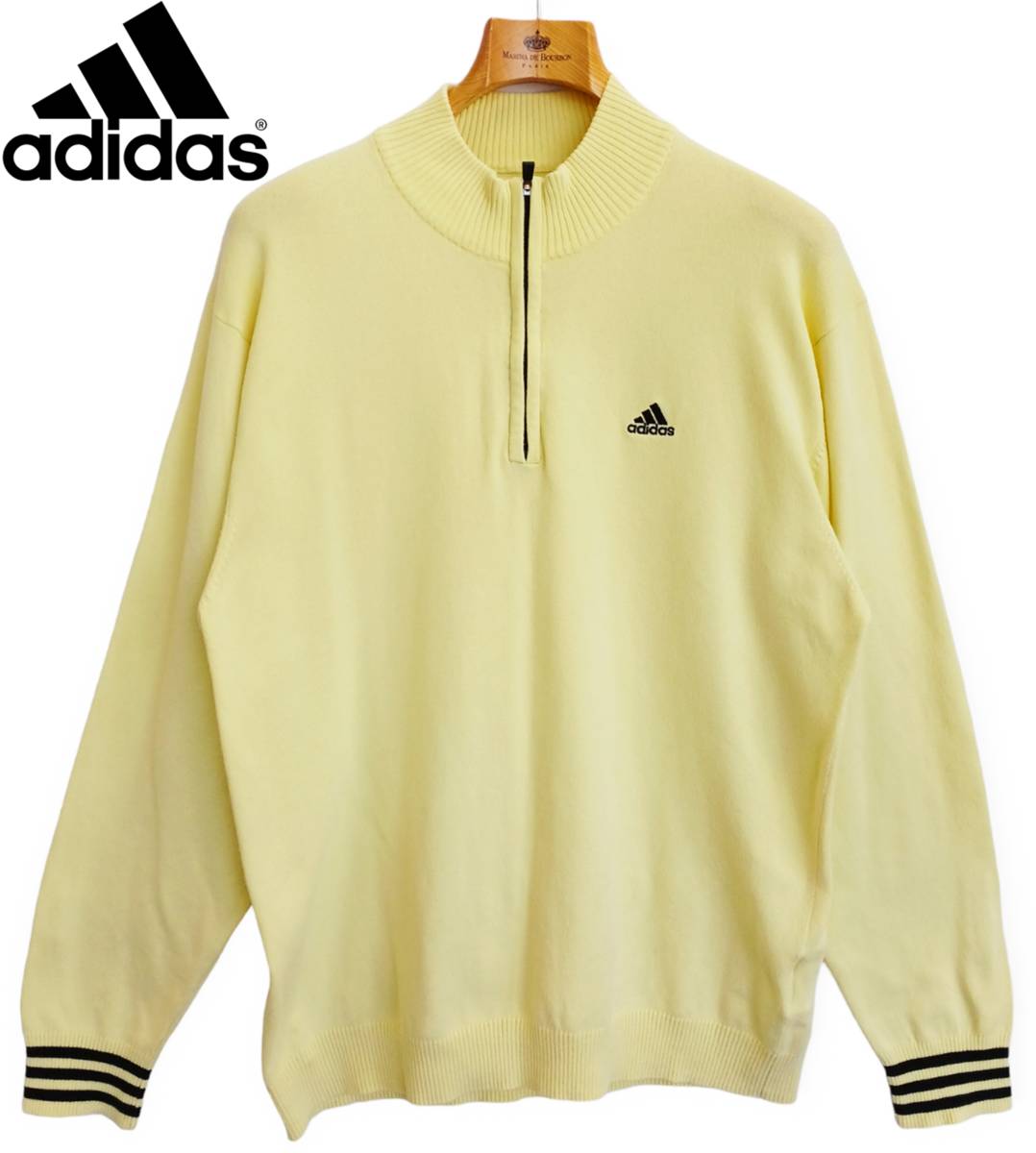 ●adidas*サイズM*ニットセーター*長袖*メンズ*ハーフジップ*綿*STRETCH*イエロー*ゴルフ*スポーツ*丸首*伸縮性*ボーダー*アディダス #5652_画像1