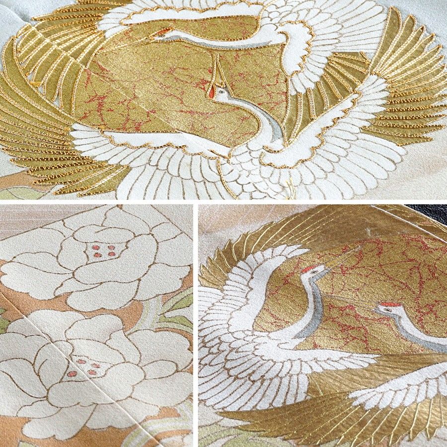 色留袖　京友禅　金駒刺繍　向かい鶴　落款　濱ちりめん　白花色　訳あり　在庫保管品