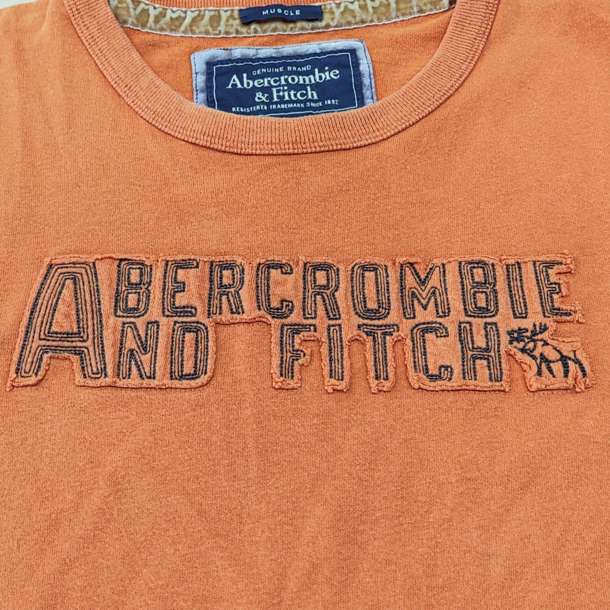 2304024 Abercrombie & Fitchアバクロンビー&フィッチ アップリケ風ビッグロゴ刺繍 トナカイ刺繍 ラウンドネック半袖Tシャツ XL 橙色系_画像3