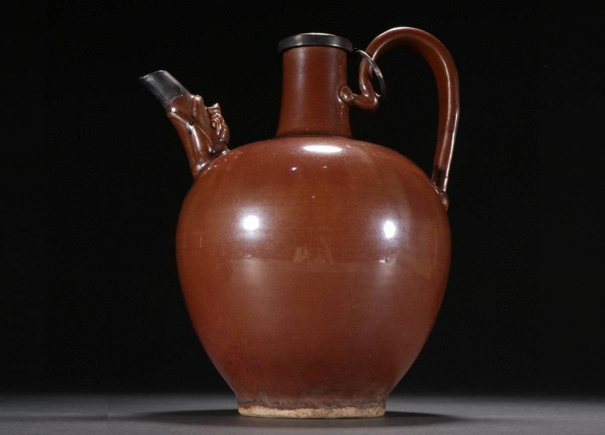 ◇明神◇極上珍品・中国・宋時代・定窯釉包銀塗金執壺・染付・時代物