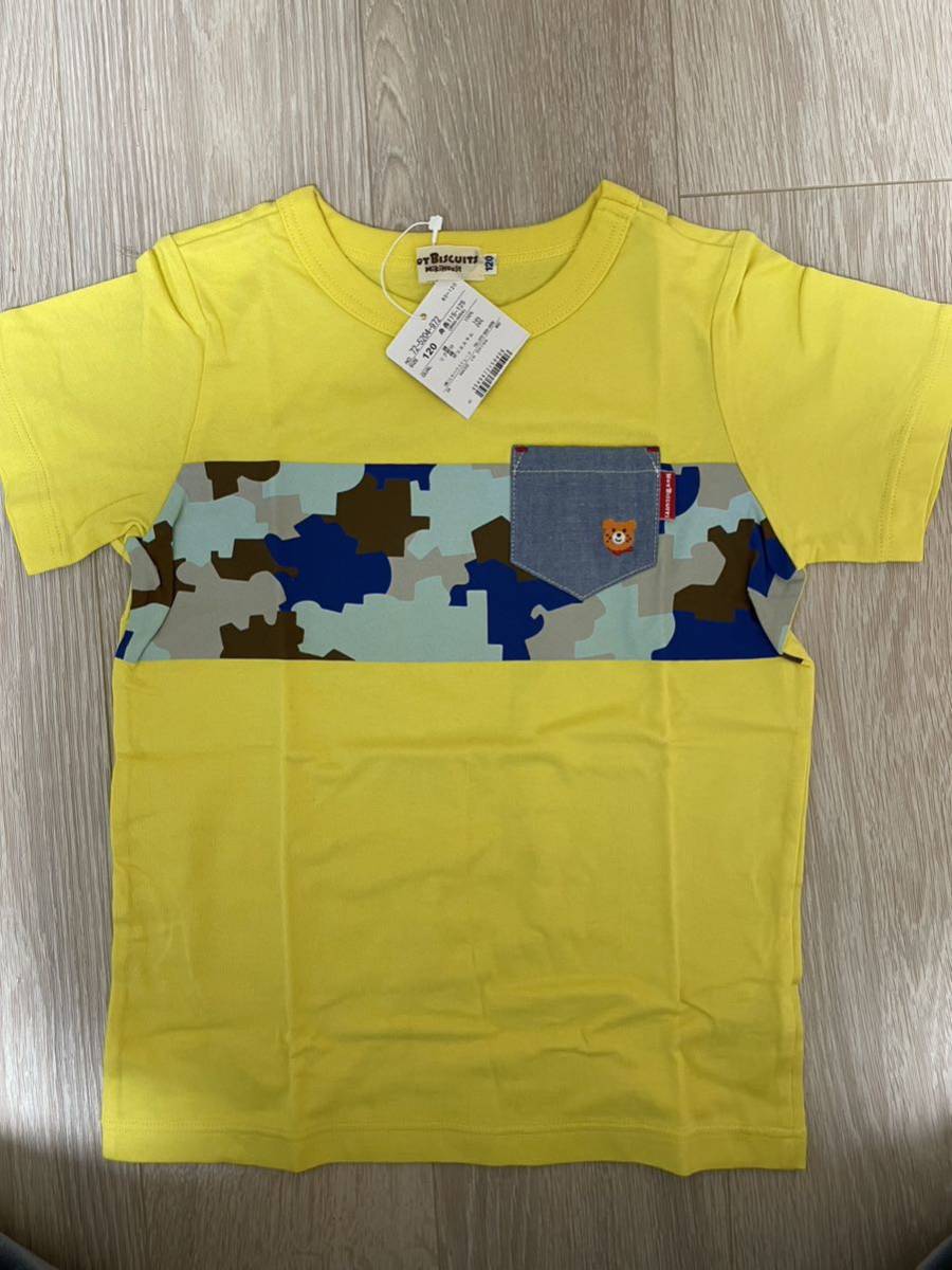 新品タグ付 ミキハウス 120 ホットビスケッツ 迷彩ポケットTシャツ イエロー　半袖Tシャツ_画像1