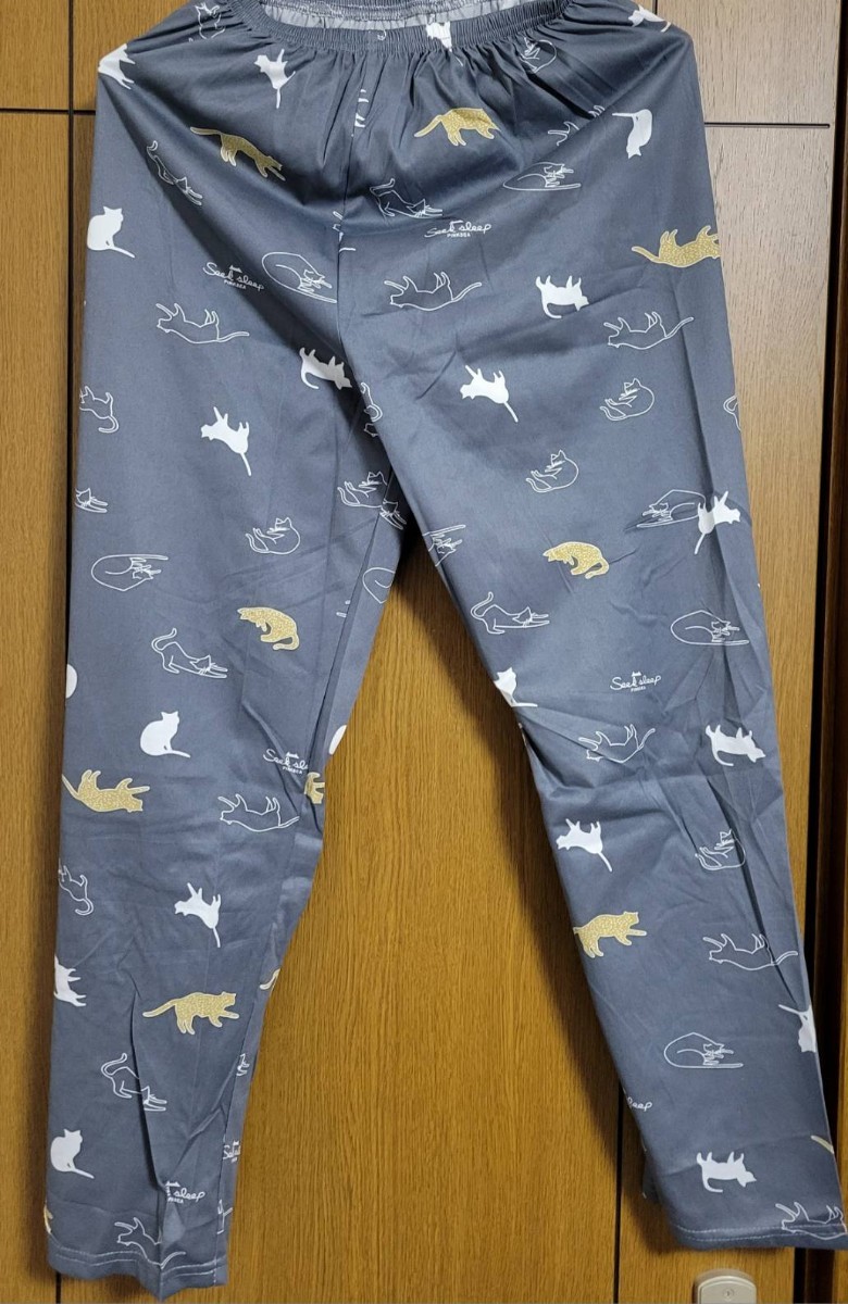 L 灰色 猫柄 ルームウェア 上下セット 韓国パジャマ セットアップ