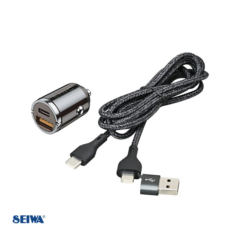 充電ケーブル DCプラグ USBポート付 車内 PD20W 5V 2.4A 小型サイズ Type-C/USB-A ケーブル付 セイワ/SEIWA D615_画像1