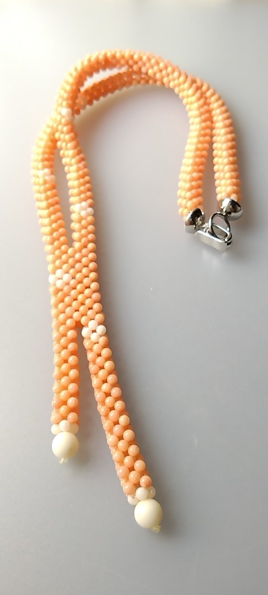 book@.. peach .. knitting long necklace unused goods 