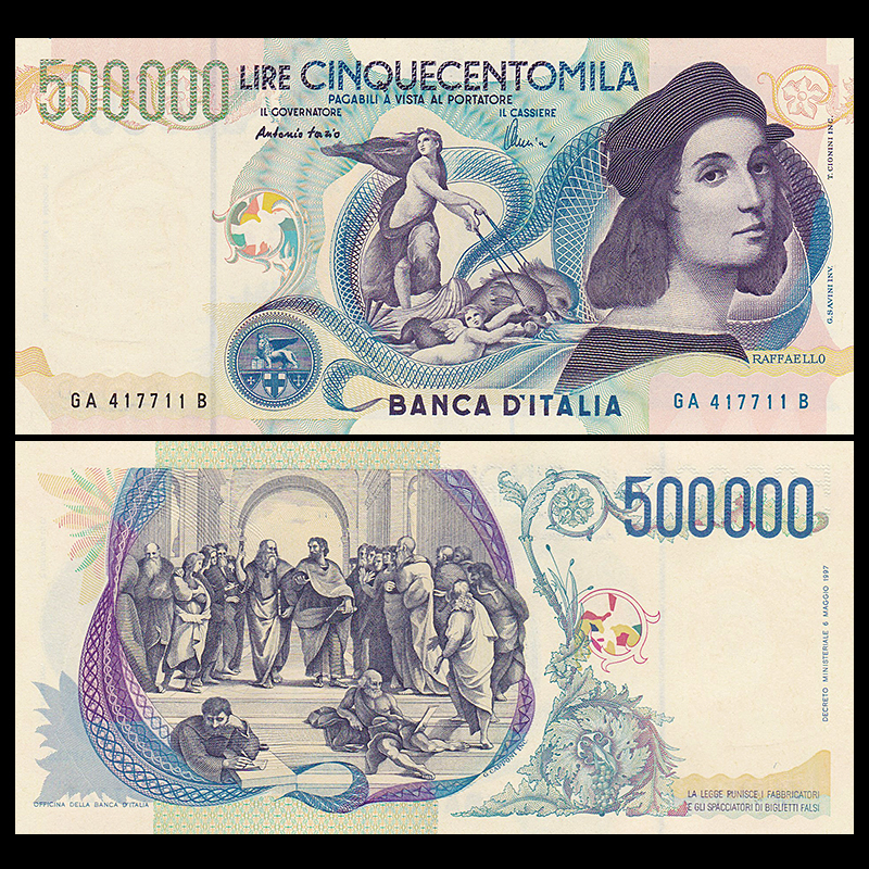 【イタリア】◆1997年　画家ラファエロサンティ　最大額500,000リラ　未使用