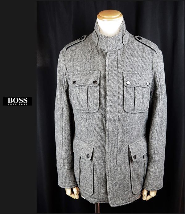 ■■＜美品＞ヒュ－ゴボス＜HUGO BOSS：Safari design／inner quilting＞Stand calla tweed ジャケット＜厚手：46＞■■_画像1