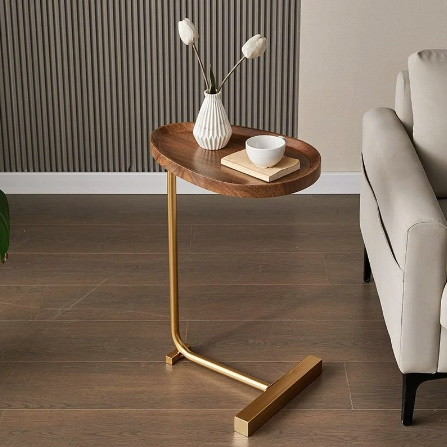 モダンラウンドサイドテーブル1PCE シンプル ナチュラル コーヒーテーブル 木製テーブルトップ インテリア アクセント ゴールド＆ブラック