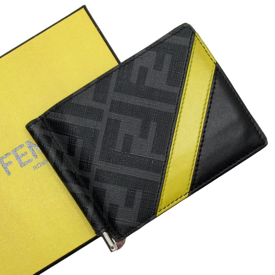 人気ブランド フェンディ FENDI 札入れ レザー ブラック×イエロー