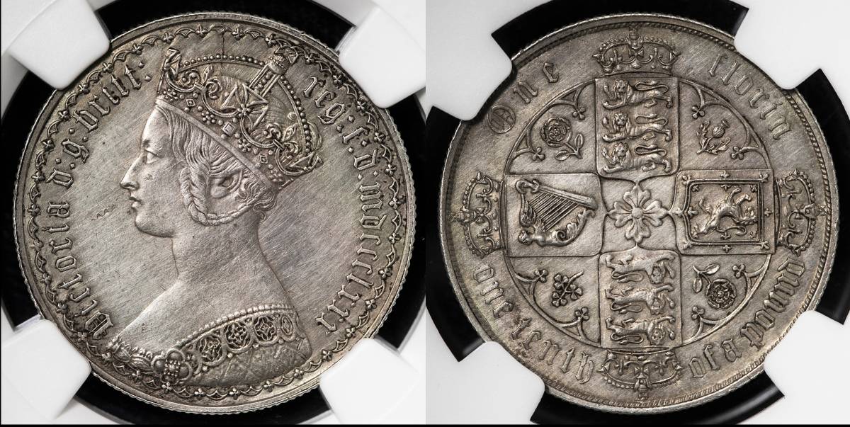 ゴッドレスフローリン 1849 イギリス 2シリング 銀貨 NGC AU53-