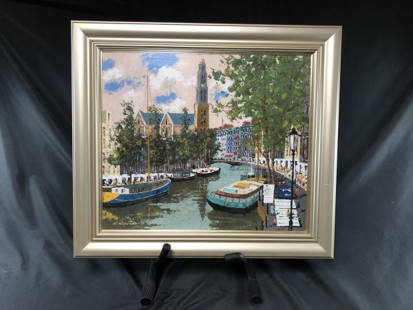 0u1k34-071 【真作】河本圭 『アステルダムの運河』 F10号 油絵 風景画 額装