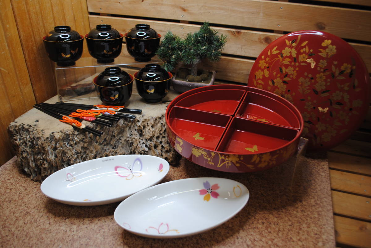 ☆ぬ366○モリハナエ 食器まとめ売り○HANAE MORI/ふた付き汁椀/箸