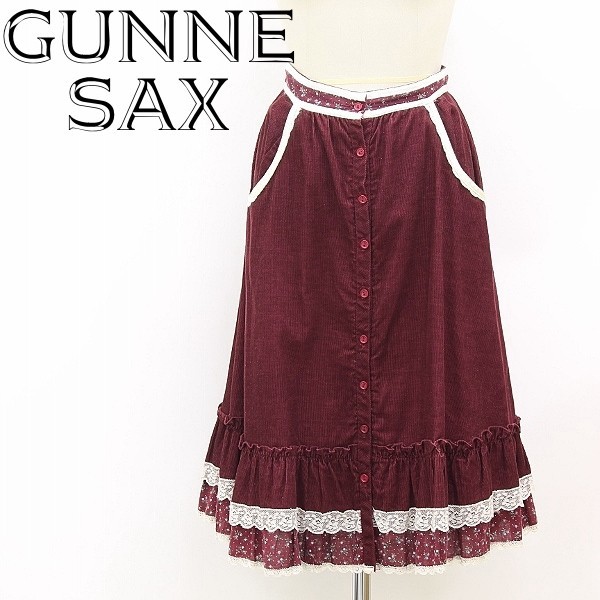 ヴィンテージ 70's◆GUNNE SAX ガニーサックス USA製 レース×小花柄使い コーデュロイ ティアード フレア スカート ワインレッド 8_画像1