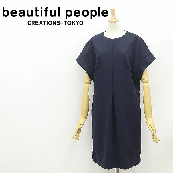 美品◆beautiful people ビューティフルピープル センタータック コットン ワンピース ネイビー 36_画像1