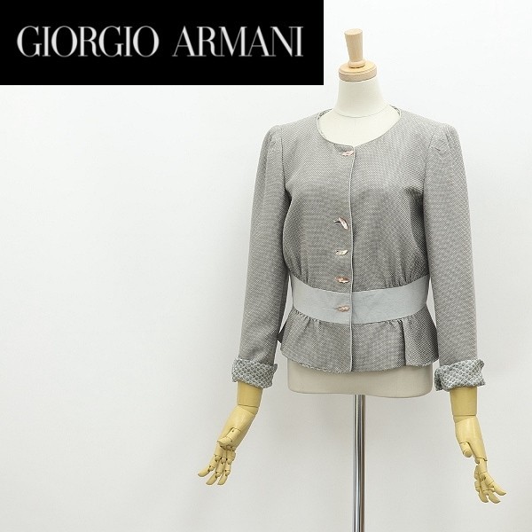 黒ラベル◆GIORGIO ARMANI ジョルジオ アルマーニ 裏地小花柄 シルク ギャザー 切替 デザインボタン ノーカラー ジャケット グレー 38_画像1