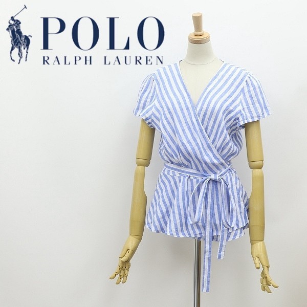 美品 国内正規品◆POLO RALPH LAUREN ポロ ラルフ ローレン リネン100％ ストライプ柄 カシュクール ブラウス トップス ブルー×ホワイト M