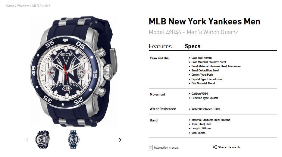 INVICTA インビクタ『MLB New York Yankees 42846』★電池式★100ｍ防水★シリコンラバーバンド★ケース48mm_画像9