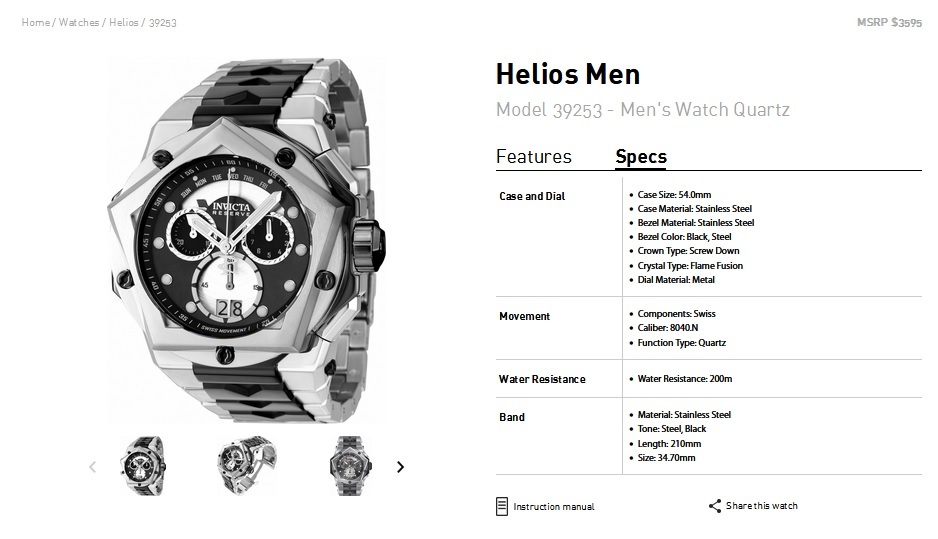 INVICTA インビクタ『Helios 39253』 電池式 スイス製Mvt ケース54mm