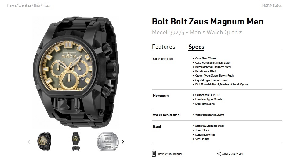 INVICTA インビクタ『Bolt Zeus Mugnum 39275』★2つのムーブメント搭載★電池式★200ｍ防水★日本製Mvt★_画像9