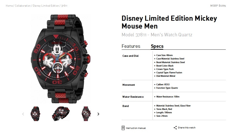 INVICTA インビクタ『Disney Mickey Mouse 37811』★世界限定3000台★電池式★100ｍ防水★日本製Mvt★