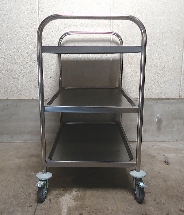 ★中古 業務用 ステンレス製 キャスター付き 3段式 キッチン ワゴン 天板50x82cm 現状品 傷汚錆有 運搬 カート 配膳 作業台 店舗用品 9