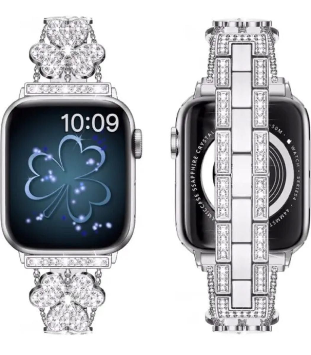 Apple Watch バンド　42 44 45 mm  アップルウォッチ　シルバー　SNS大人気　クローバー　金属ベルト　互換性