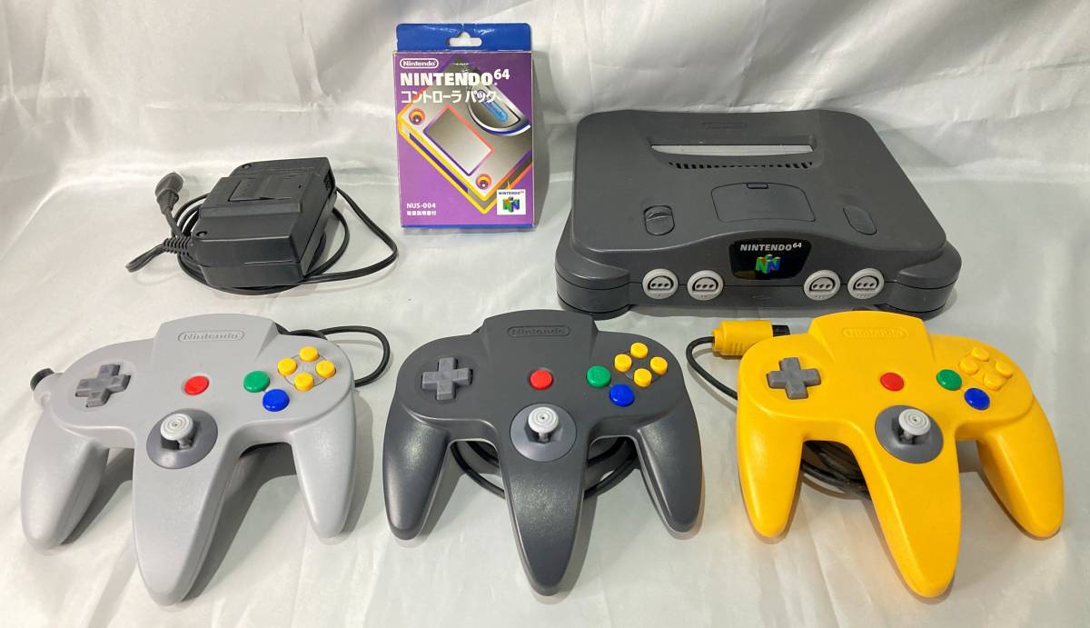 ★ニンテンドー64本体/備品5点セット★【通電確認済】Nintendo 64 本体1点・コントローラー3点（灰/黒/黄）・コントローラーパック　Oa_100