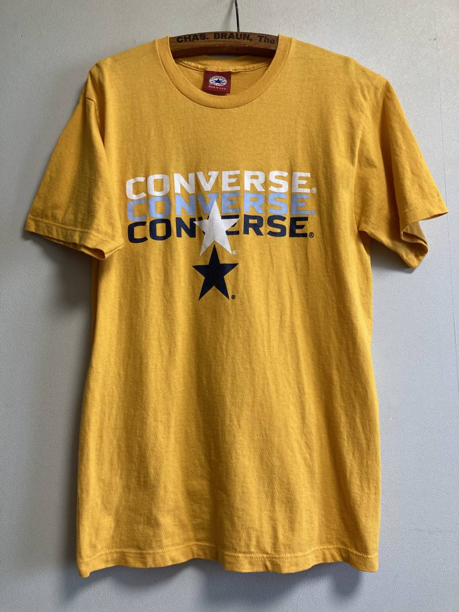 90s 00s ヴィンテージ USA製 CONVERSE コンバース イエロー Tシャツ 3段ロゴ_画像1