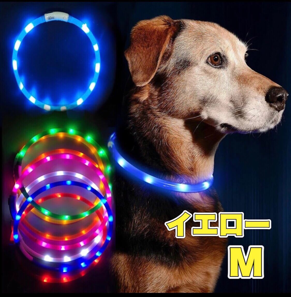 犬用 LEDライト 首輪 安全 USB 充電 中型犬 蛍光 Mサイズ イエロー 黄色_画像1