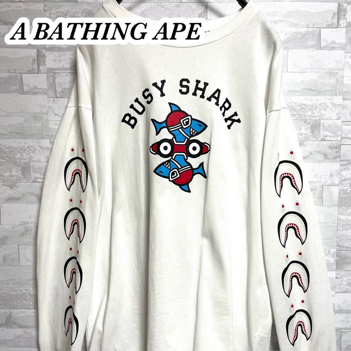 【A BATHING APE】 アベイシングエイプ　袖シャークWGM トレーナー　ホワイト　メンズ　Lサイズ　スウェット　古着