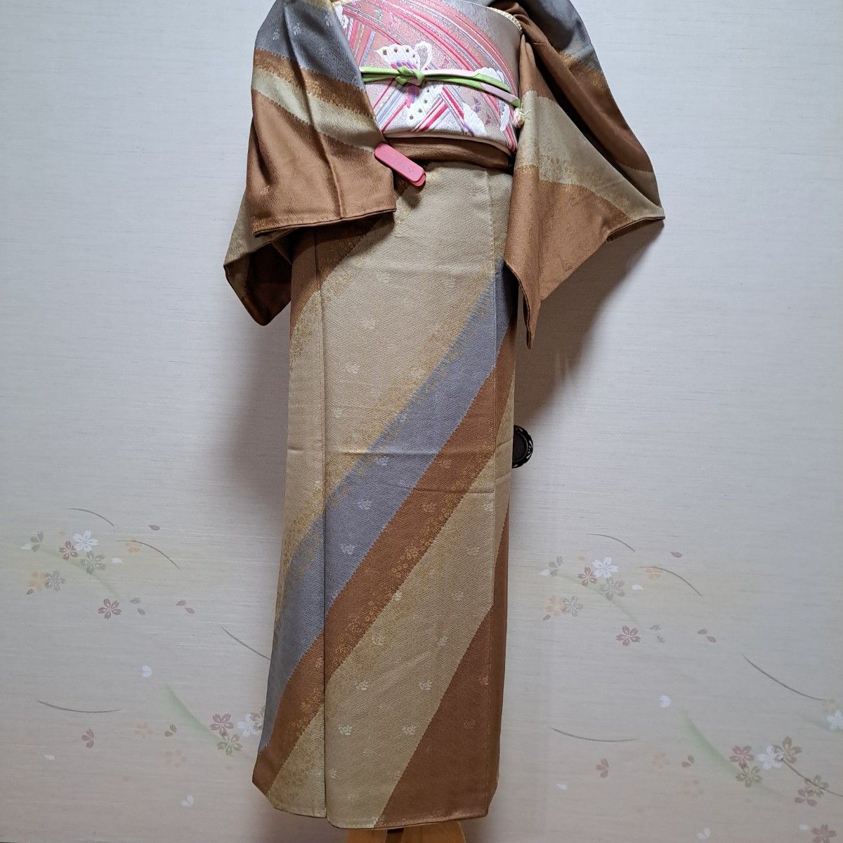 新作揃え 正絹 訪問着5点セット 金彩 斜線花文 着物