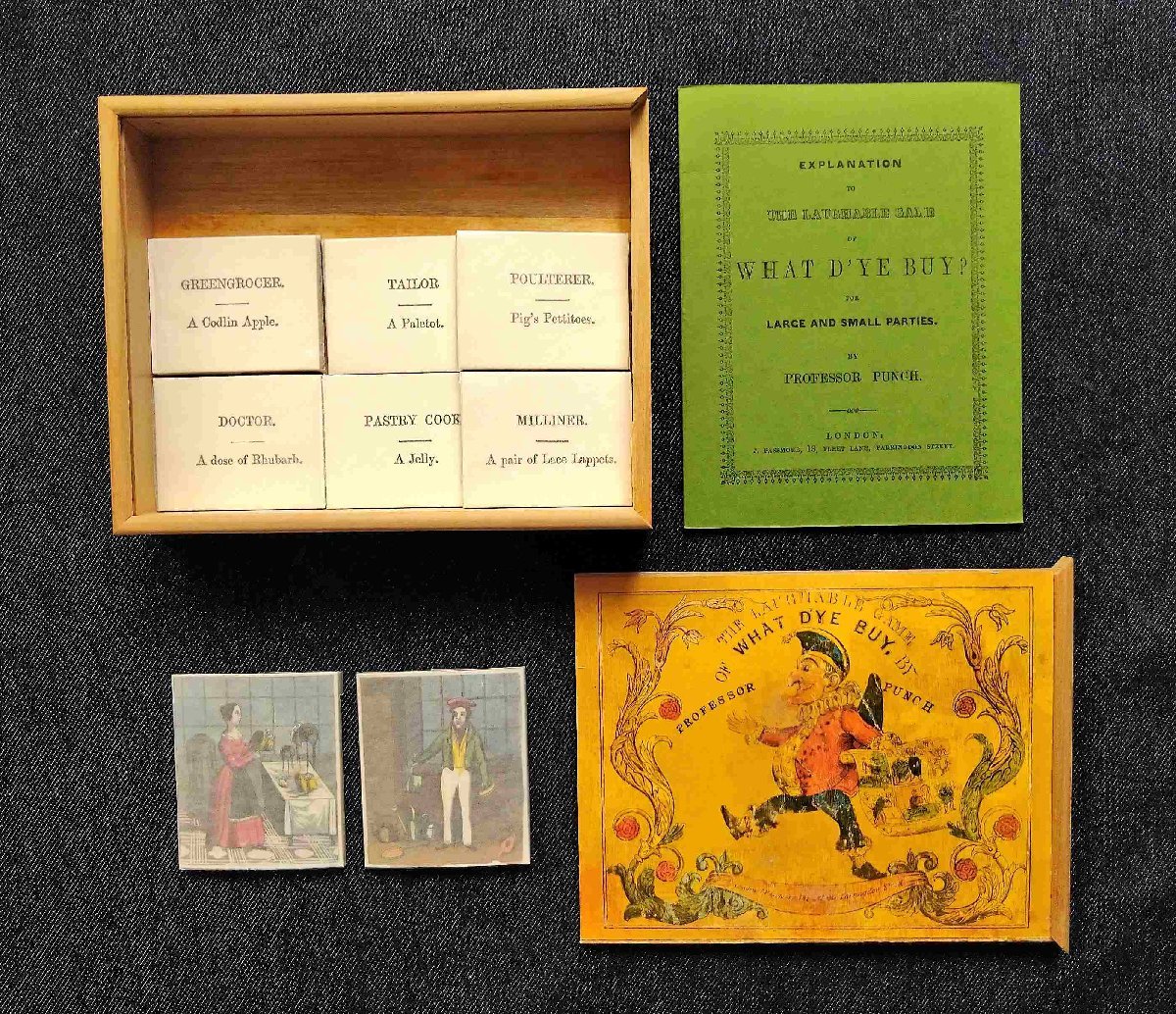 19 century picture book punch ... shopping game tree box attaching Professor Punch The Laughable Game of What D\'Ye Buy? board game antique 