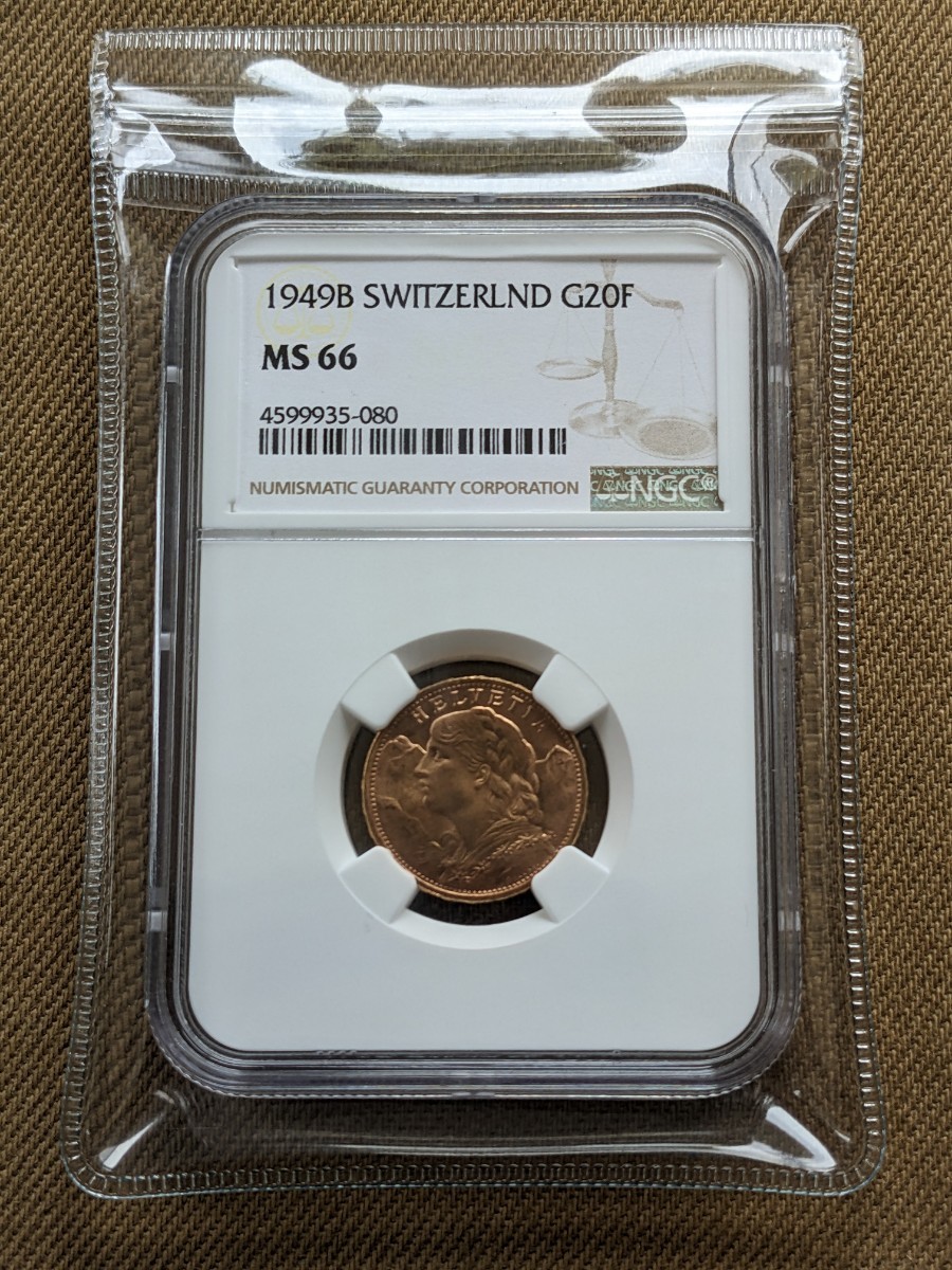 アルプスの少女(ブレネリ金貨) スイス1949年 NGC MS66 - 貨幣