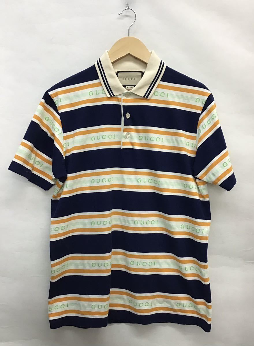 20230402【GUCCI】グッチ STRIPED COTTON POLO ポロシャツ ボーダー ロゴ ネイビー S 645258の画像1