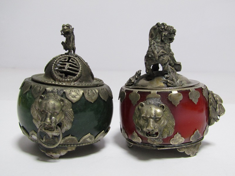 dd12-8319[SAN] 中国美術 乾隆年製 香炉 2点セット 天然石 砡 獅子龍 銀装飾 紋銀刻印 香道具 中国古玩