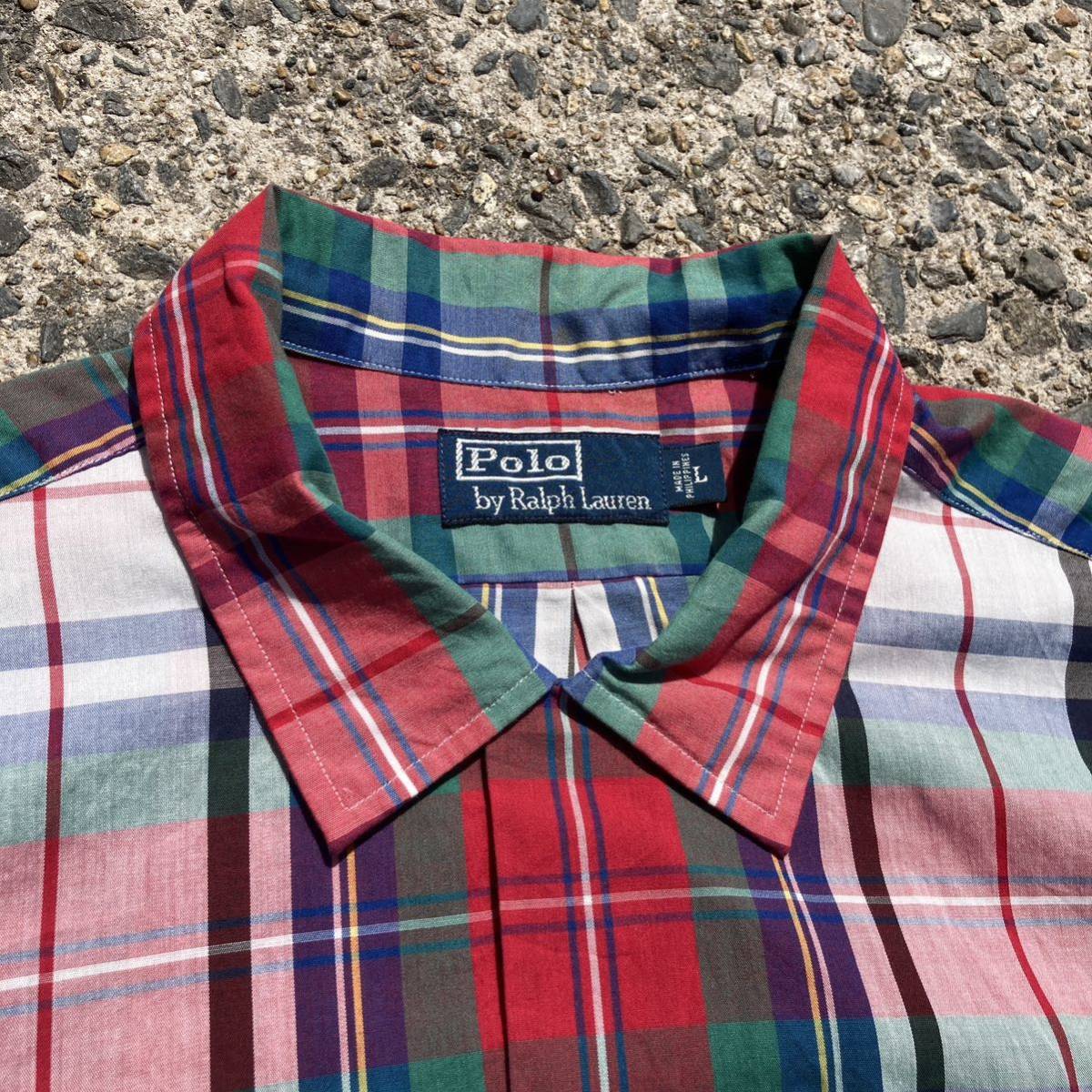 【90sオールド】ラルフローレン　ワンポイント刺繍ロゴ　半袖チェックシャツ　Lサイズ 古着　マルチカラー