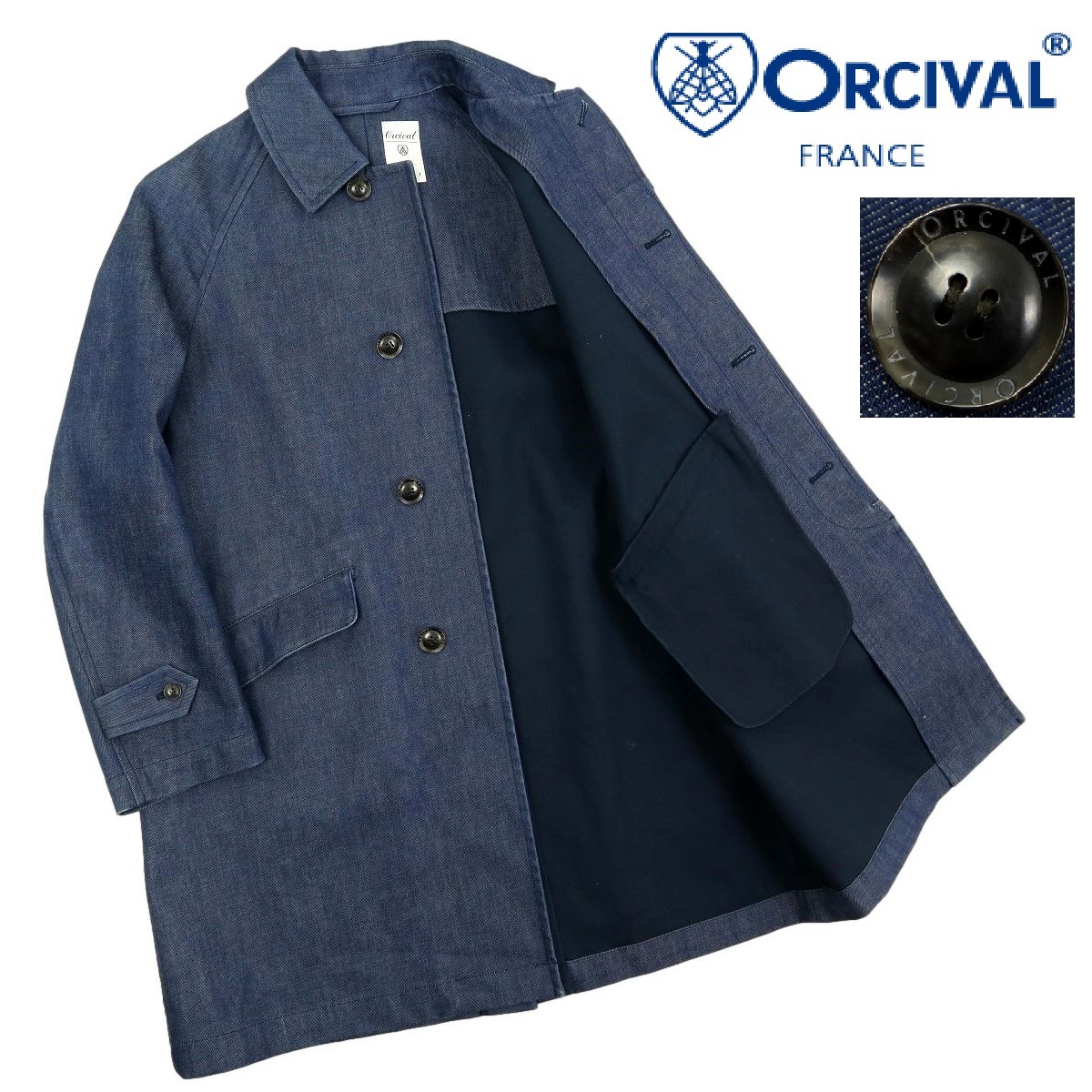 [B2236][ beautiful goods ]ORCIVALo-chi bar o-si bar turn-down collar coat Denim coat indigo RC-8594 unisex lady's size 1