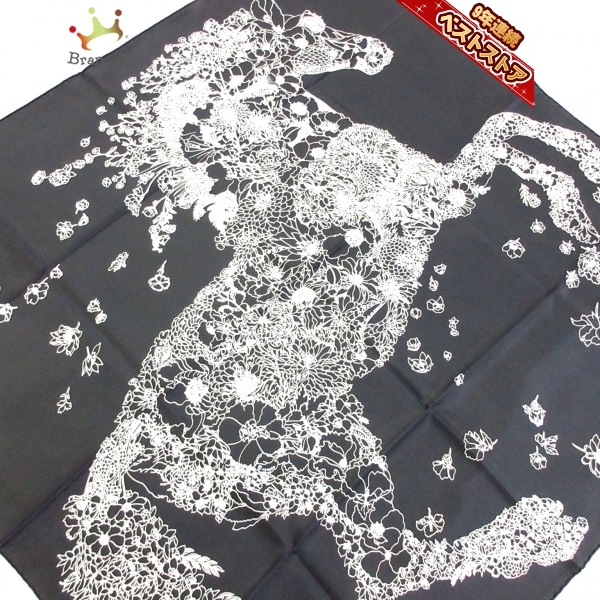 エルメス HERMES カレ90 シルク 黒×白 ROBE LEGERE/フラワー/馬 新品
